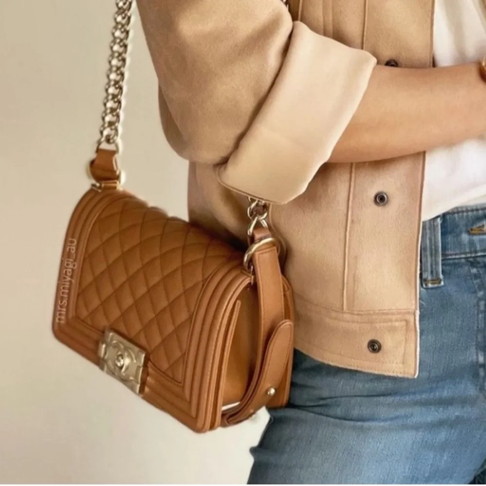 Authentic Chanel Caviar Boy Medium 21K Caramel Bag GHW